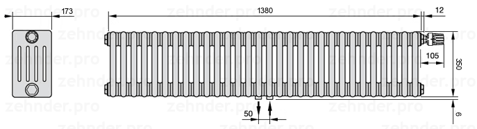 Схема (чертеж) Радиатор Zehnder Charleston 5035/30 №V008 Белый глянцевый RAL 9016